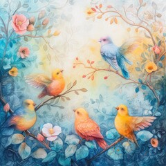   A painting of birds perched on a tree branch, encompassed by flowers and foliage, against a backdrop of a blue sky