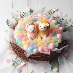 a couple wedding tiger, Lion in nest made of pastel color rainbow gummy candy on a white background