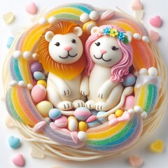a couple wedding tiger, Lion in nest made of pastel color rainbow gummy candy on a white background