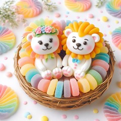 Fototapeta na wymiar a couple wedding tiger, Lion in nest made of pastel color rainbow gummy candy on a white background