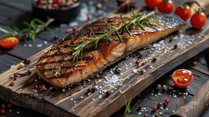 Grilled salmon fillets with lemon and rosemary on a rustic wooden board. - obrazy, fototapety, plakaty