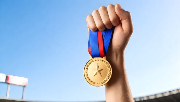 hand holding gold medal, no. 1 position, stadium, sky background, award and victory concept 