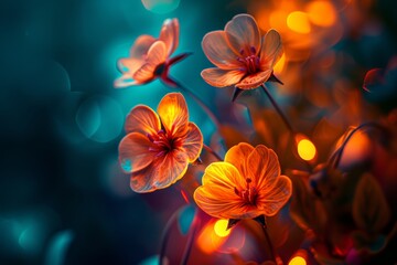   A tight shot of an array of flowers with indistinct lights in the backdrop and a hazy figure in the foreground