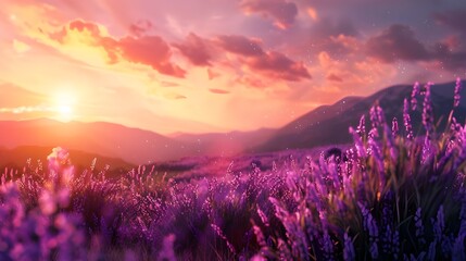 Lavender flower field. Violet lavender field sanset close up. Lavender flowers in pastel colors at blur background. Nature background with lavender in the field Ai generated  - obrazy, fototapety, plakaty
