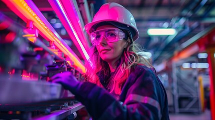 Female Worker Inspecting Metal Parts in Manufacturing Plant