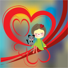 composition with a cat and a girl who are sitting on a heart-shaped swing - 774637130