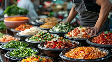 Obraz premium Local Cuisine: Take pictures of local dishes and street food, focusing on presentation and authenticity.
