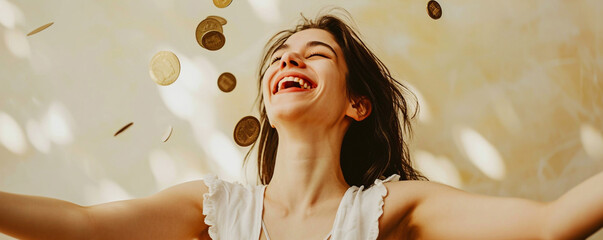Coins are falling around a happy young woman - Powered by Adobe