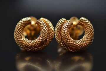   A tight shot of gold earrings against black background, reflecting their backside image