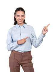 A woman in formal wear pointing to the side, isolated on a white background, concept of business...