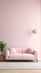 Clean, bright room with a pale pink color sofa. Pale pink color walls and floor. Monochrome, minimalist style, vertical background