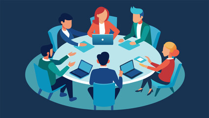 A group of colleagues sitting around a circular table all focused on a central screen where they are sharing and collaborating on a project in