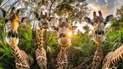 Three beautiful giraffes with long necks and spotted coats standing elegantly in a tranquil field under a clear blue sky