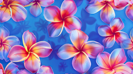 abstract art of glowing pink frangipani plumeria flowers with shadow pattern on blue background