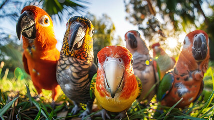 A group of vibrant parrots standing on top of a lush green field - obrazy, fototapety, plakaty