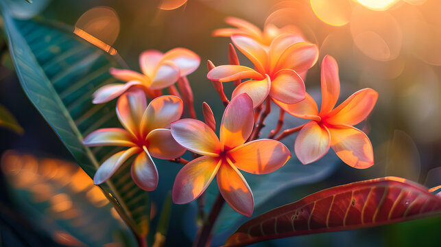 beautiful pink plumeria rubra frangipani flower branch on bokeh background with sunlight.
