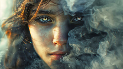 Fototapeta premium Young Woman With Blue Eyes Surrounded by Smoke
