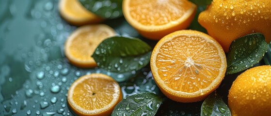   A collection of oranges atop a moistened table, adorned with droplets of water and verdant green leaves - obrazy, fototapety, plakaty
