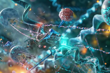 Innovative Nanotechnology in Medicine: DNA Repair Nanobots ,Nanomedicine: Nanobots Repairing DNA Nano-scale Medicine - obrazy, fototapety, plakaty