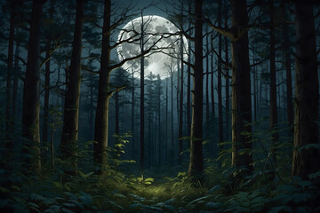 A forest with a full moon background