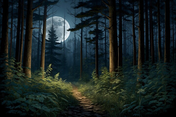 A forest with a full moon background - obrazy, fototapety, plakaty