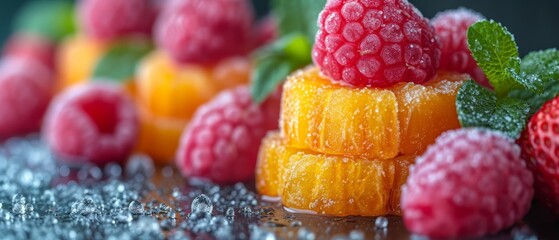  Raspberries, oranges, and raspberries are arranged in a stack on the table