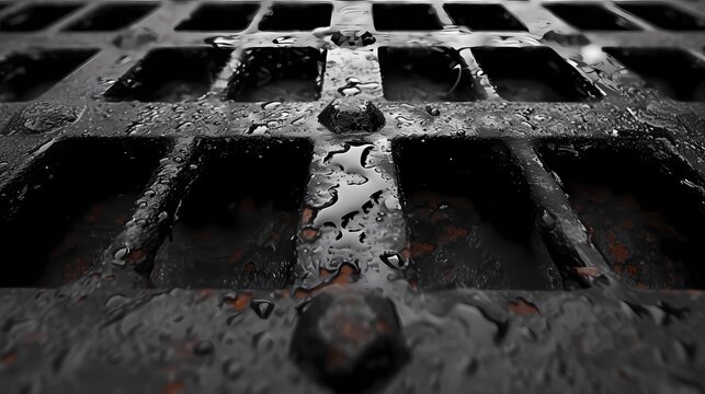 **: A macro photograph of a weathered metal grate with a grid-like pattern.