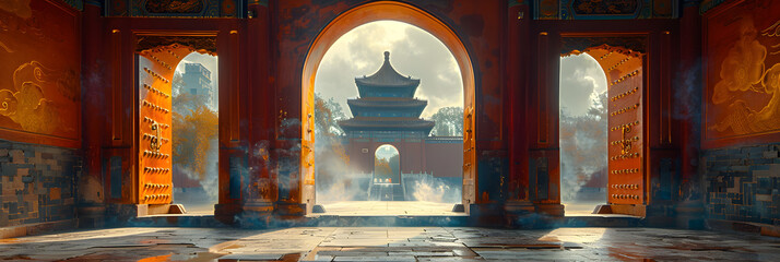 Temple of Heaven City Gates of Heaven,
Mystical Morning Mist A Chinese Pagoda Temple in Foggy Ambience