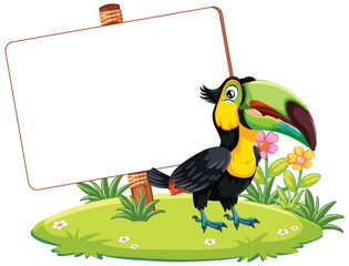 Fototapeta premium Colorful toucan beside a sign, on a floral island.