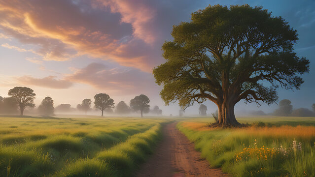 Golden Sunrise over a Misty Country Road and Trees