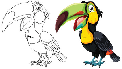 Obraz premium Vector illustration of a vibrant toucan and its sketch.