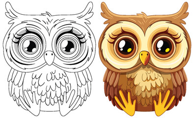 Two stylized owls, one colored and one line art.