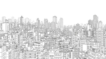 Black and white sketch of a cityscape with various buildings and urban details.