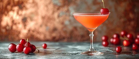   A tight shot of a cherry-topped beverage in a glass, surrounded by a backdrop of plump cherries - obrazy, fototapety, plakaty
