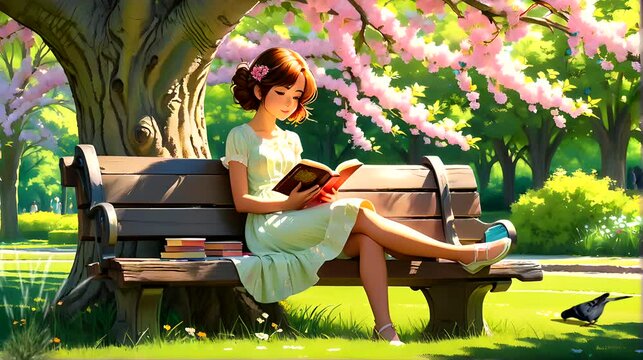 Beauty girl reading book on bench in the park. Seamless looping time-lapse 4k video animation background