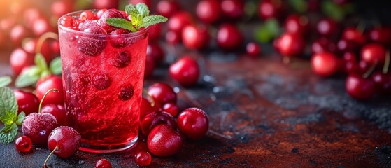  A glass, filled with ice and cherries, sits next to an generously stacked mound of cherries against a black surface Green leaves adorn the cherries