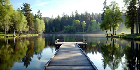 Tranquil Lake Retreat With Wooden Dock Amidst Towering Trees - obrazy, fototapety, plakaty