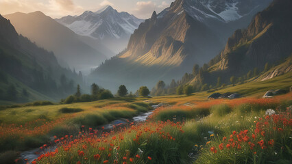 Sunlit Mountain Valley with a Stream and Wildflowers