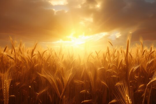 Sunset wheat golden field in the sunset. Growth nature harvest. Agriculture farm.