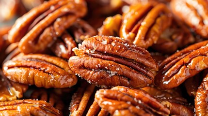 Candied pecan nuts with caramel glaze. Close-up food photography. - obrazy, fototapety, plakaty