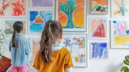 Children in art class observing colorful paintings.