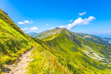 A hiker traverses a trail on Chopok Mountain with lush green slopes and clear blue skies. Low...