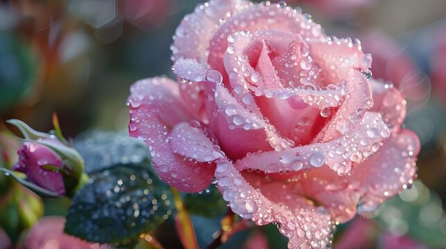Pink rose flower with water drops. Water drops on rose. Flower background ai generated 
