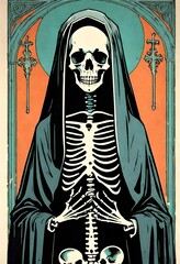 a neo classical illustration, art nouveau, a skeleton skull dressed like a nun, screen printing, gig poster.  