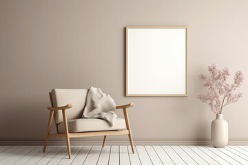 Soft color wall with a beige Scandinavian chair and empty frame.
