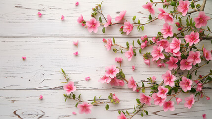 Spring flowers. Pink flowers on white wooden background. Flat lay, top view, copy space.