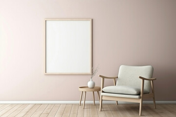 Soft color wall with a beige Scandinavian chair and empty frame.