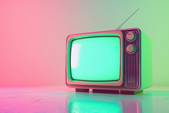 Ein Retro Fernsehgerät, Hintergrund mit Farbverläufen in den Farben pink und grün 