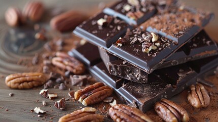 Dark chocolate bar with pecan nuts.