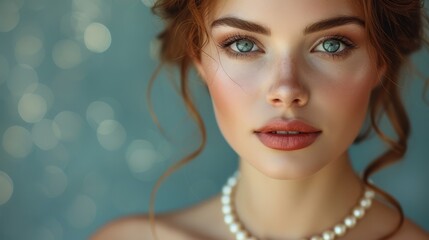   A close-up of a woman wearing two pearl necklaces around her neck - obrazy, fototapety, plakaty